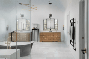 a large bathroom with two sink vanities made from handcrafted wood and high quality custom cabinetry